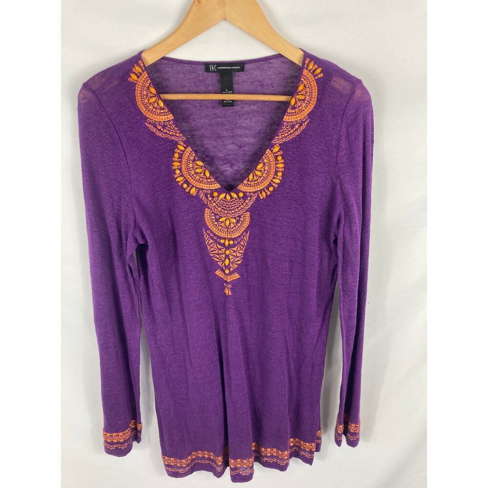 INC International Concepts 100% Linen Embroidered Beaded Blouse size Large
